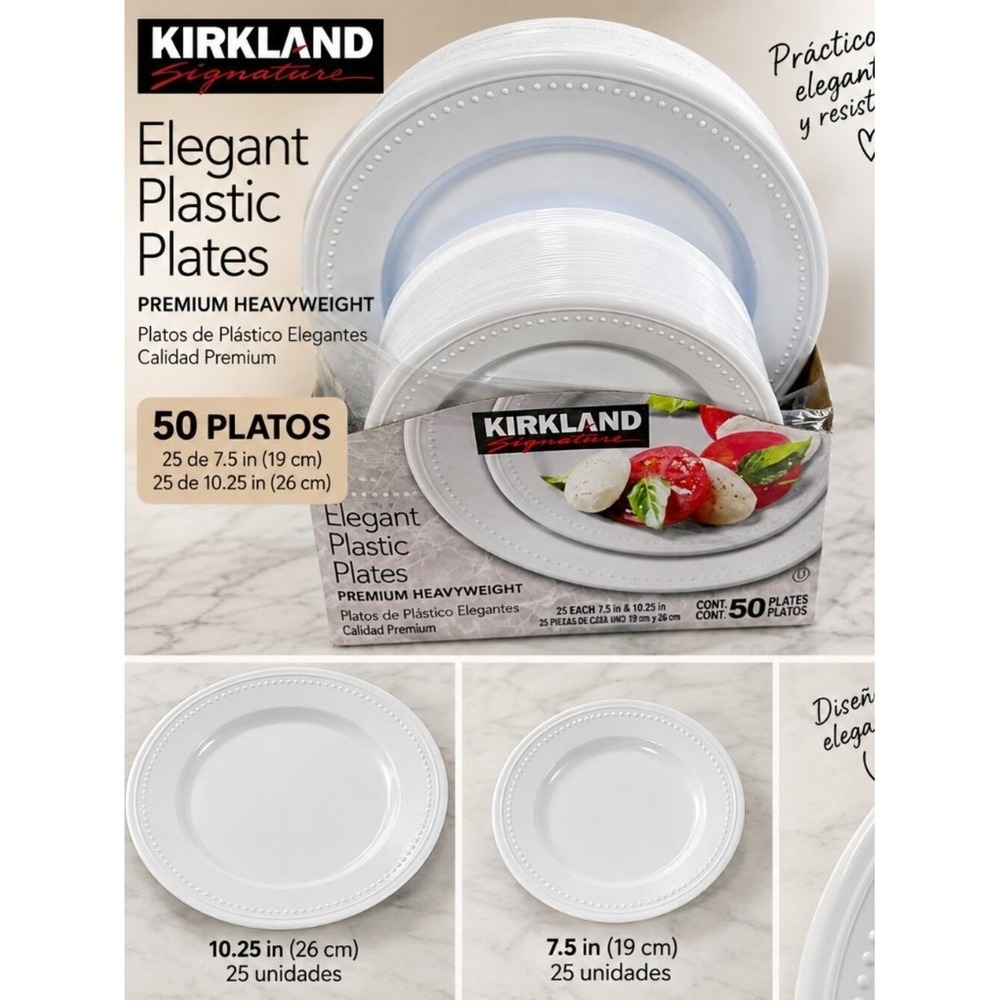 Kirkland Signature Elegant Plastic Plates 50 Count White Beaded Rim Heavyweight